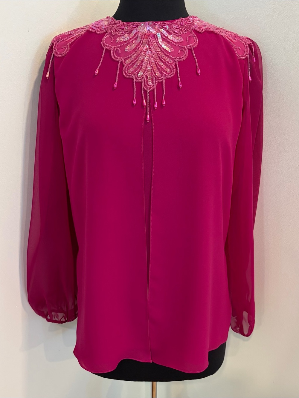Vintage Ursula of Switzerland Hot Pink Beaded Sequin Fringe Sheer Blouse 8 USA
